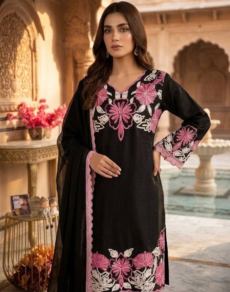 Black silk readymade suit with thread embroidery work