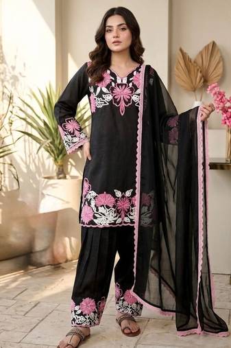 Black silk readymade suit with thread embroidery work