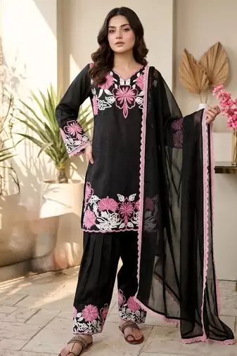 Black silk readymade suit with thread embroidery work