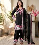 Black silk readymade suit with thread embroidery work