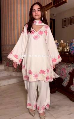 White silk readymade suit with thread embroidery  1
