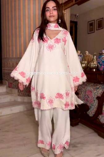 White silk readymade suit with thread embroidery work