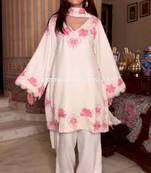 White silk readymade suit with thread embroidery work