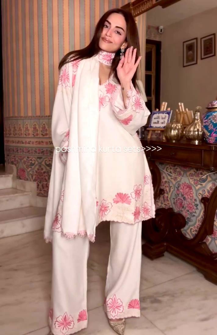 White silk readymade suit with thread embroidery work