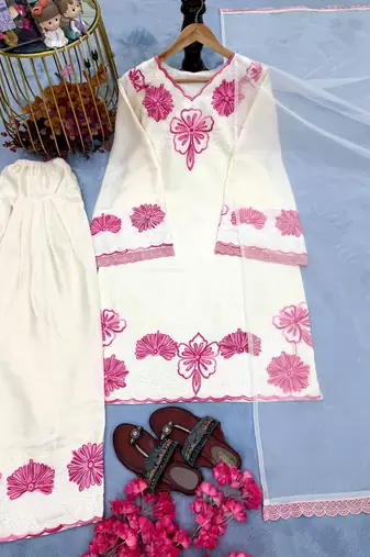 White silk readymade suit with thread embroidery work