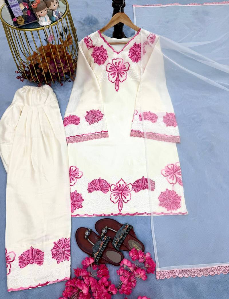 White silk readymade suit with thread embroidery work