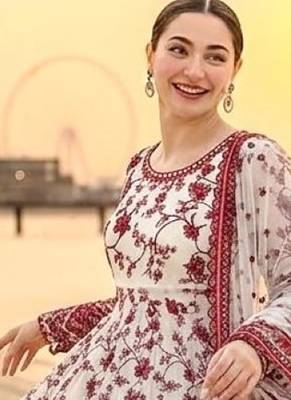 Red & white faux georgette readymade suit with embroidered tassels attached 2