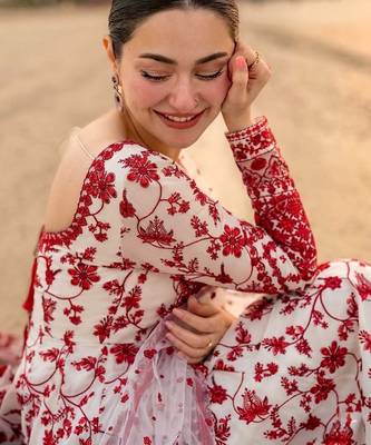 Red & white faux georgette readymade suit with embroidered tassels attached 3