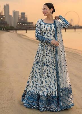 Blue & white faux georgette readymade suit with embroidered tassels attached 1