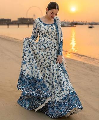 Blue & white faux georgette readymade suit with embroidered tassels attached 2