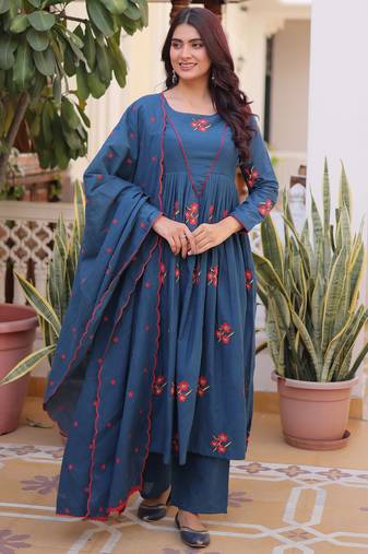 Dazzling Teal Blue Embroidered Cotton Festive Wear Pant Suit