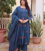Dazzling Teal Blue Embroidered Cotton Festive Wear Pant Suit