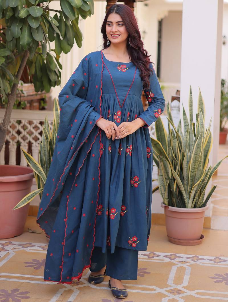 Dazzling Teal Blue Embroidered Cotton Festive Wear Pant Suit