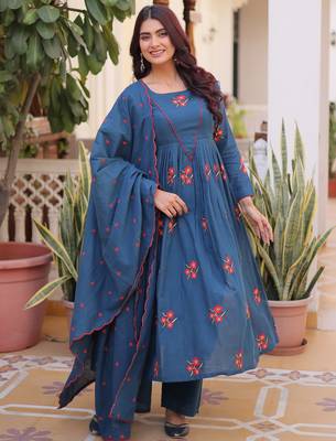 Dazzling Teal Blue Embroidered Cotton Festive Wear Pant Suit 2