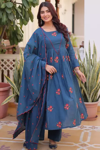 Dazzling Teal Blue Embroidered Cotton Festive Wear Pant Suit