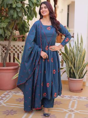 Dazzling Teal Blue Embroidered Cotton Festive Wear Pant Suit 3