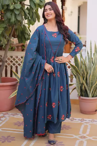 Dazzling Teal Blue Embroidered Cotton Festive Wear Pant Suit
