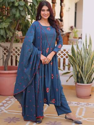 Dazzling Teal Blue Embroidered Cotton Festive Wear Pant Suit 4