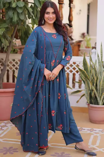 Dazzling Teal Blue Embroidered Cotton Festive Wear Pant Suit