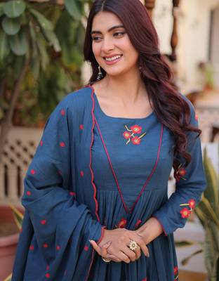 Dazzling Teal Blue Embroidered Cotton Festive Wear Pant Suit 5