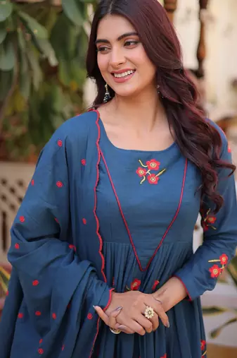 Dazzling Teal Blue Embroidered Cotton Festive Wear Pant Suit