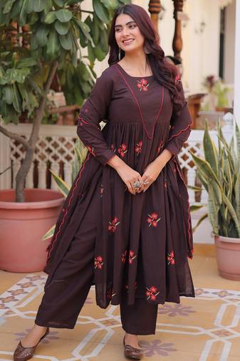Exclusive Brown Floral Embroidered Cotton Summer Special Pant Suit
