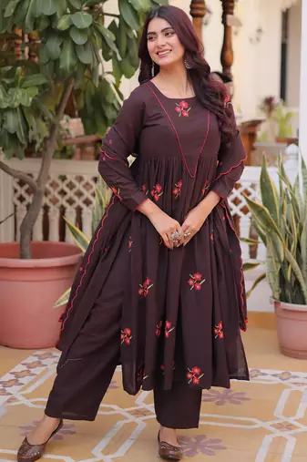 Exclusive Brown Floral Embroidered Cotton Summer Special Pant Suit