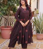 Exclusive Brown Floral Embroidered Cotton Summer Special Pant Suit