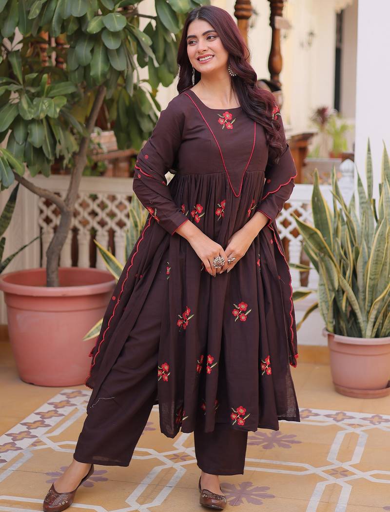 Exclusive Brown Floral Embroidered Cotton Summer Special Pant Suit