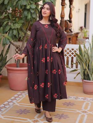 Exclusive Brown Floral Embroidered Cotton Summer Special Pant Suit 2