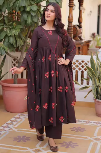 Exclusive Brown Floral Embroidered Cotton Summer Special Pant Suit