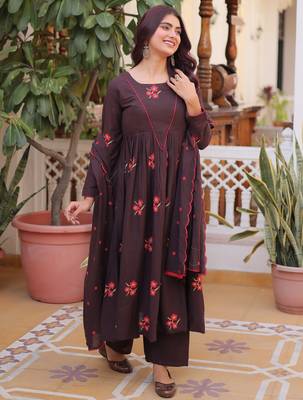 Exclusive Brown Floral Embroidered Cotton Summer Special Pant Suit 3