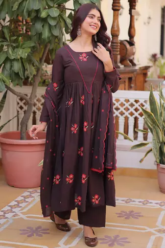 Exclusive Brown Floral Embroidered Cotton Summer Special Pant Suit
