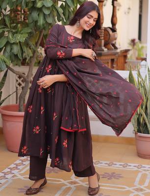 Exclusive Brown Floral Embroidered Cotton Summer Special Pant Suit 4
