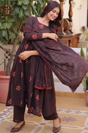 Exclusive Brown Floral Embroidered Cotton Summer Special Pant Suit