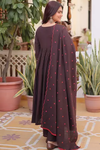 Exclusive Brown Floral Embroidered Cotton Summer Special Pant Suit