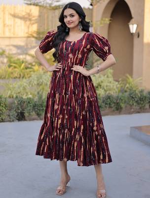Fantastic Maroon Printed Cotton Casual Wear Dress 1
