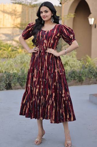 Fantastic Maroon Printed Cotton Casual Wear Dress