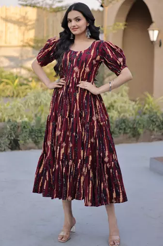 Fantastic Maroon Printed Cotton Casual Wear Dress