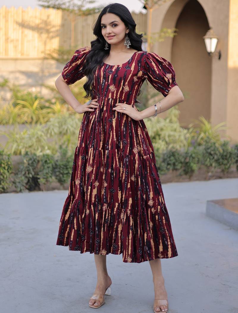 Fantastic Maroon Printed Cotton Casual Wear Dress