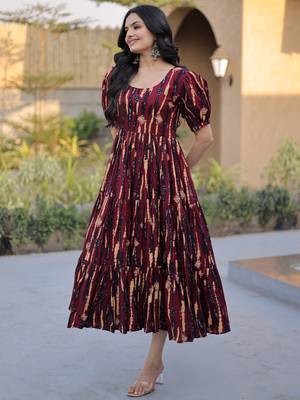 Fantastic Maroon Printed Cotton Casual Wear Dress 2