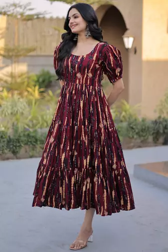 Fantastic Maroon Printed Cotton Casual Wear Dress