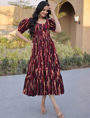 Fantastic Maroon Printed Cotton Casual Wear Dress 3