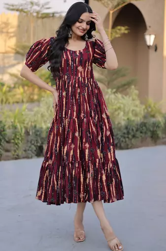 Fantastic Maroon Printed Cotton Casual Wear Dress