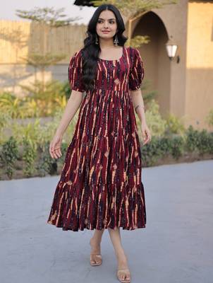 Fantastic Maroon Printed Cotton Casual Wear Dress 4