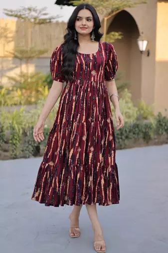 Fantastic Maroon Printed Cotton Casual Wear Dress