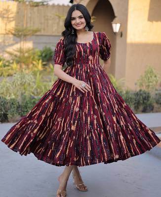 Fantastic Maroon Printed Cotton Casual Wear Dress 5