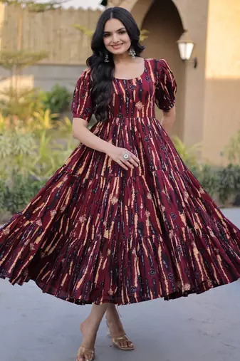 Fantastic Maroon Printed Cotton Casual Wear Dress