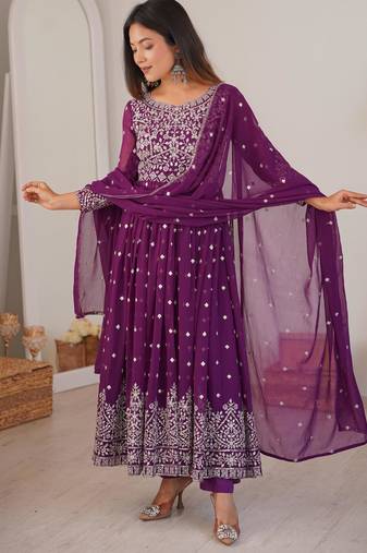Wine Purple Faux Georgette Anarkali Suit Set with Sequin Thread Embroidery