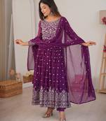 Wine Purple Faux Georgette Anarkali Suit Set with Sequin Thread Embroidery